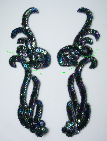 LR137-8 Mirror Pair Sequin Bead Applique Curl Flower Black Iris - Click Image to Close