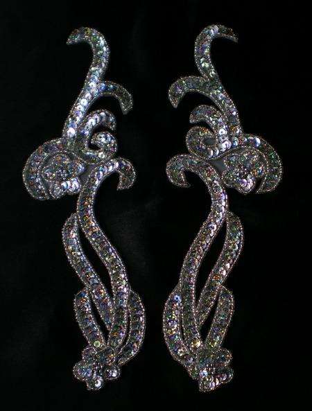 LR137 Mirrored Pair Sequin Bead Applique Curl Flower Silver - Click Image to Close