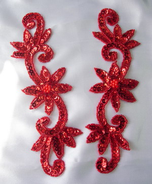 LR140-5 Floral Mirror Pair Sequin Bead Applique Red - Click Image to Close