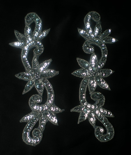 LR140 Silver Floral Mirror Pair Sequin Bead Applique Belly Dance