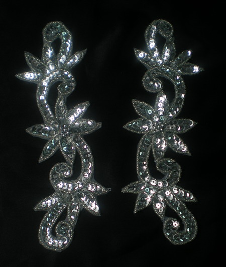 LR140 Silver Floral Mirror Pair Sequin Bead Applique Belly Dance - Click Image to Close