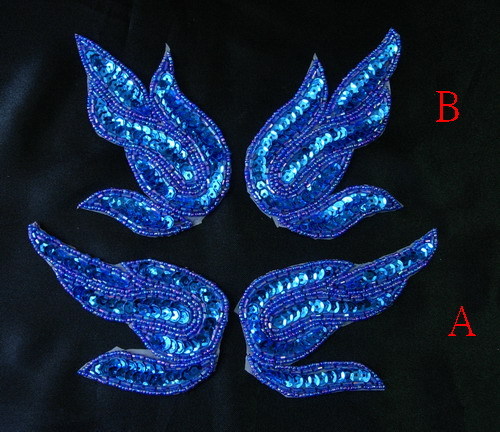 LR142-2 Royal Blue Flame Mirror Pair Sequin Bead Applique 2pair