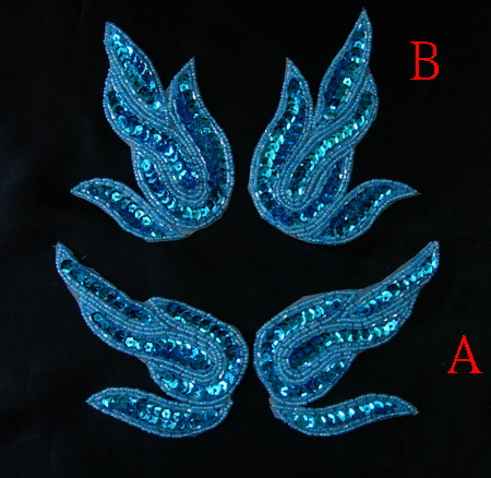 LR142-3 Aqua Blue Flame Mirror Pair Sequin Bead Applique 2pair