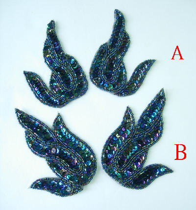 LR142-5 Black Iris Flame Mirror Pair Sequin Bead Applique 2pair