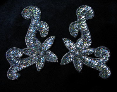 LR143 Mirror Pair Sequin Beaded Applique Floral Motif Silver