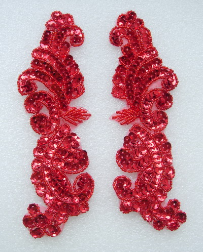 LR148-2 Left & Right Mirror Pair Sequined Beaded Applique Red - Click Image to Close