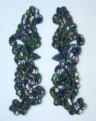 LR148-5 Left & Right Mirror Pair Sequin Bead Applique Black Iris