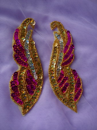 LR149-3 Mirrored Pair Sequin Bead Applique Gold/Fuchsia/Silver