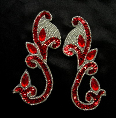 LR151-2 Red Mirrored Pair Sequin Bead Applique w/ Gemstones