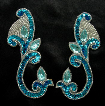 LR151-4 Aqua Mirrored Pair Sequin Bead Applique w/Gemstones