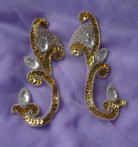 LR151-7 Gold Mirrored Pair Sequin Bead Applique w/Gemstones