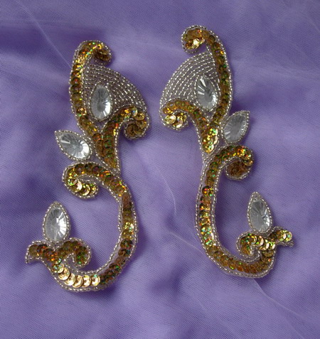 LR151-7 Gold Mirrored Pair Sequin Bead Applique w/Gemstones LR151-7 Gold Mirrored Pair Sequin Bead Applique w/Gemstones