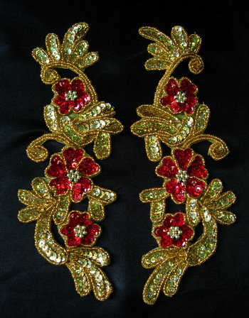 LR159 LR Mirror Pair Floral Sequin Bead Applique Gold Red - Click Image to Close