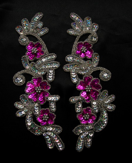 LR160-3 LR Mirror Pair Floral Sequin Bead Applique Fuchsia Silve - Click Image to Close