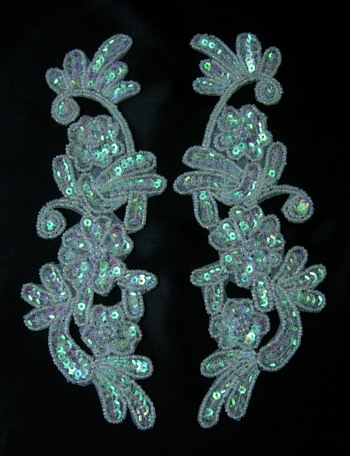 LR160-5 LR Mirror Pair Floral Sequin Bead Applique White AB