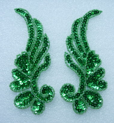 LR17-10 Mirror Left Right Pair Leaf Sequin Bead Applique Green