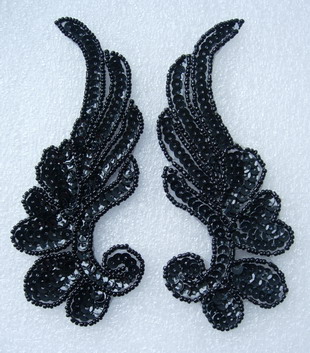 LR17-12 Mirror Pair L&R Floral Leaf Sequin Bead Applique Black