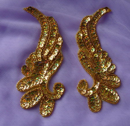 LR17-13 Mirror Pair L&R Floral Leaf Sequin Bead Applique Gold - Click Image to Close