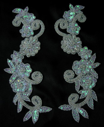 LR20-2 Floral Mirror Sequin Bead Applique Crystal White