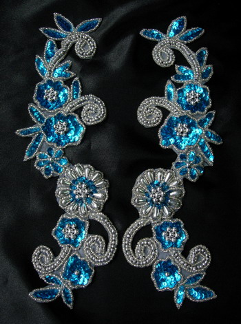 LR20-5 Floral Mirror Sequin Bead Applique Aqua Blue