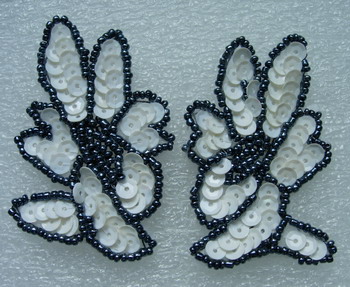 LR214 Mirrored Tree Leaves Sequin Beaded Applique Motif White