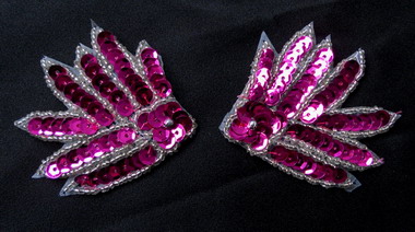 LR221 Mirror Pair Leaf Flower Sequin Beaded Applique Fuchsia