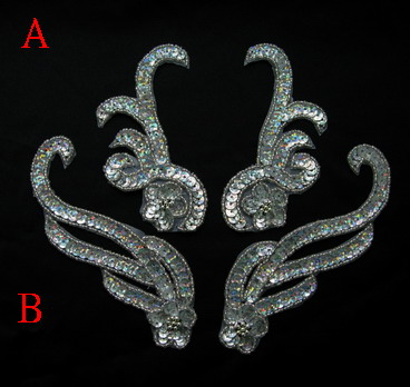 LR223 Floral Mirror Pair Sequin Bead Applique Hologram Silver 2p - Click Image to Close