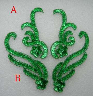 LR225 Floral Mirror Pair Sequin Bead Applique Hologram Green 2p - Click Image to Close