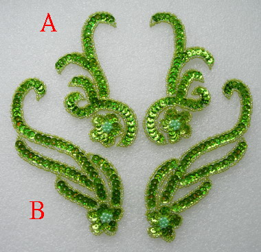 LR226 Floral Mirror Pair Sequin Bead Applique Hologram Lime 2p