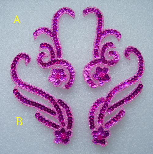 LR228 Floral Mirror Pair Sequin Beaded Applique Motif Fuchsia 2p - Click Image to Close