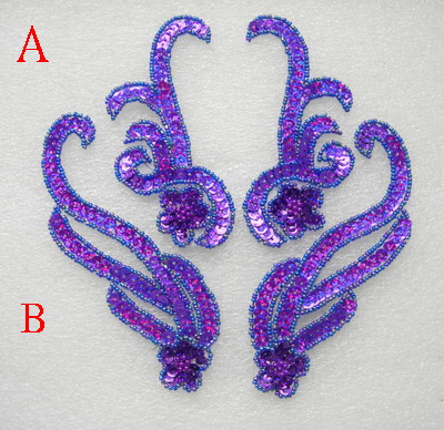 LR229-4 Floral Mirror Pair Sequin Beaded Applique Purple 2prs