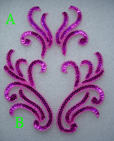 LR230-2 Pair Curly Floral Sequin Beaded Applique Fuchsia 2pairs