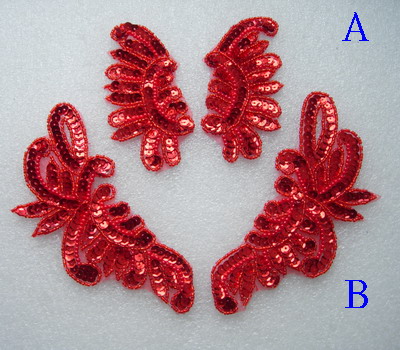 LR233 Mirror Pair Floral Sequin Beaded Applique Motif Red 2prs