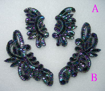 LR234 Mirror Pair Floral Sequin Beaded Applique Black Iris 2prs