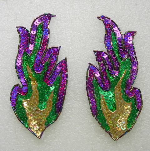 LR239 5.5" Paired Flamed Hologram Sequined Bugle Beaded Applique