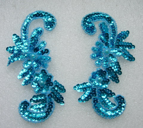LR50-2 Sequin Bead Applique Left & Right Floral Aqua Blue