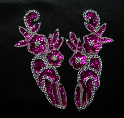 LR59-4 Sequin Bead Applique L&R Mirror Design Flower Fuchsia