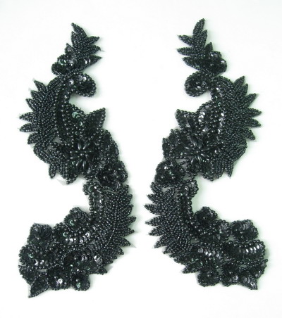 LR65-2 Long Morror Pair L&R Sequin Bead Applique Black