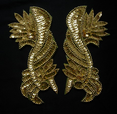 LR68 Mirror LR Floral Sequined Beaded Applique Motif Gold