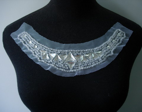 NK210 Gems Beaded Tulle Applique Neckline Collar White - Click Image to Close