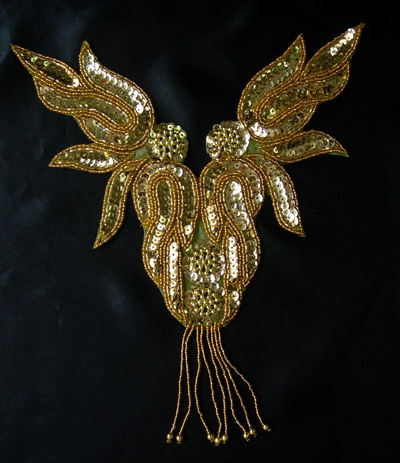 NK71-7 Gold Flame Fringed Necklace Sequin Bead Applique Motif