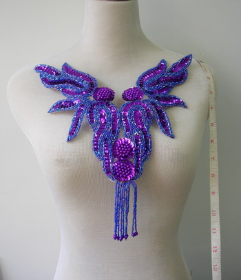 NK71-8 Purple Flamed Fringed Necklace Sequin Bead Applique Motif