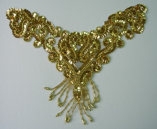 NK72 Sequin Bead Applique Motif w/ Fringe Necklace Thong Gold