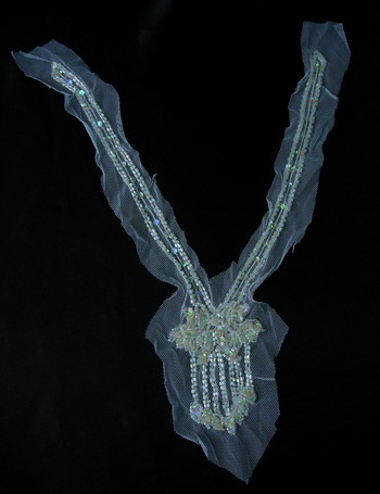 NK109-2 Chiffon Sequin Glass Bead V Bow Applique White AB - Click Image to Close