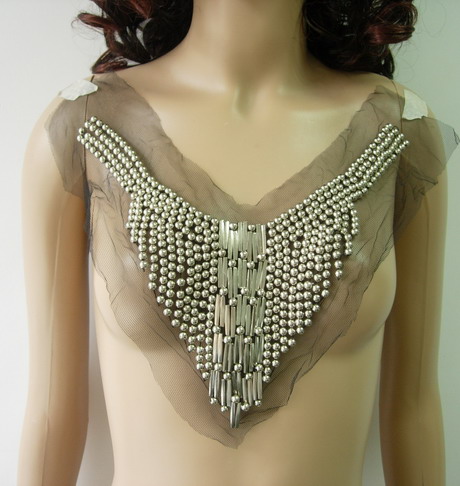 NK215 Silver Metallic Beaded Netting Applique Neckline Front