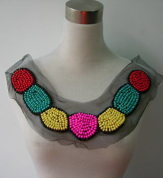 NK222 Colorful Wood Beaded Net Tulle Applique Neckline Collar