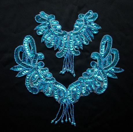 NK245-4 Fringed Neck Sequin Beaded Applique Motif Aqua 2pcs