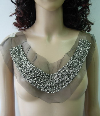 NK248 Gun-Silver Bugle Beaded Netting Applique V-Neck Neckline