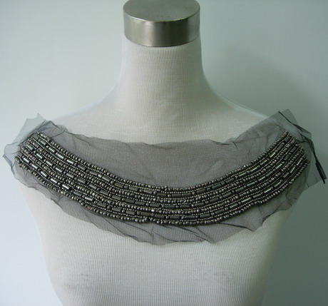 NK257 Gun-Silver Beaded Bugle Netting Applique Collar Neckline - Click Image to Close