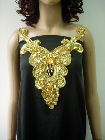 NK26 Gold Fringed Sequin Bead Applique Necklace Bodice - Click Image to Close